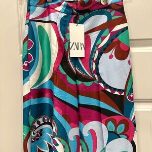 Zara Women’s Pants Silk Flare Big Bottom Blue/Green/Maroon Floral Sz XS New Tags